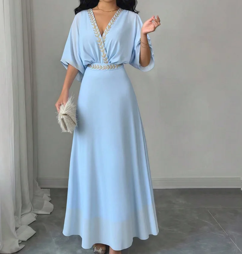 

Women's Dress Summer New French Elegant Style Contrasting Leaf Embroidery Design V-Neck Batball Sleeve Chiffon Dress