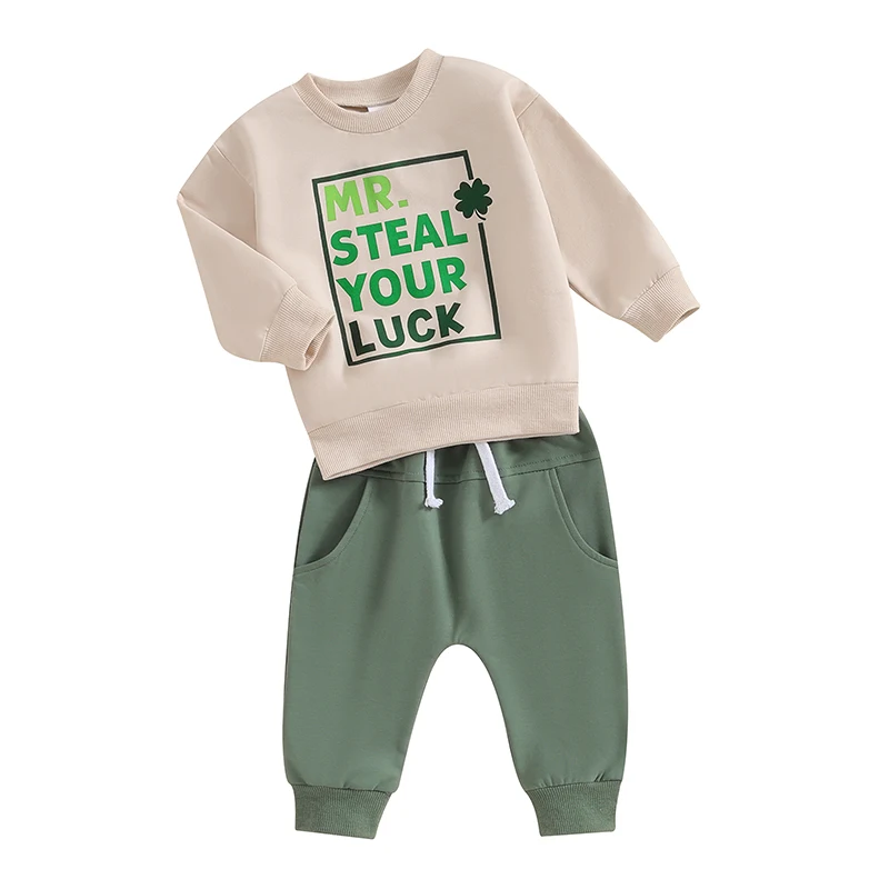 Toddler Boys Autumn Pants Sets Long Sleeve Four Leaf Clover Print Sweatshirt Green Casual Pants Sets