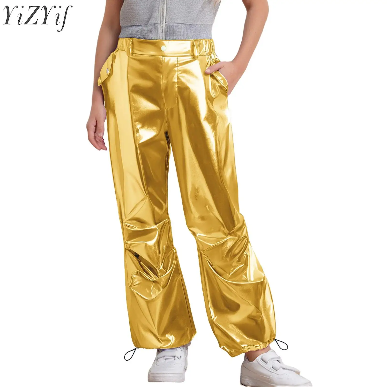 

Детские модные брюки-карго цвета металлик для девочек, детские брюки с завязками для джазовых танцев, уличная одежда в стиле хип-хоп, сценическое выступление