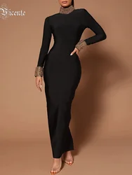 VC Winter Black Women Long Sleeve Sexy Golden Beading Bodycon Bandage Maxi Runway Cocktail Celebrity Evening Club Party Dress