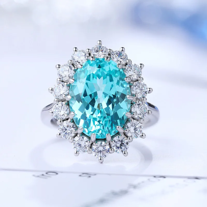 AGL Certified Colorful Gemstone 10*12MM Oval Cut  Paraiba About 10 Carat Ring 925 Sterling Silver Fine Jewelry For Womens