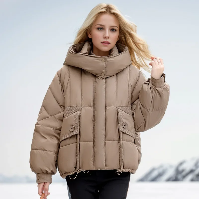 2024 New Loose Ladies Cropped Jacket Winter Woman Parka Pockets Overcoat Korean Fashion Female Ultra Light Thick Warm Coat