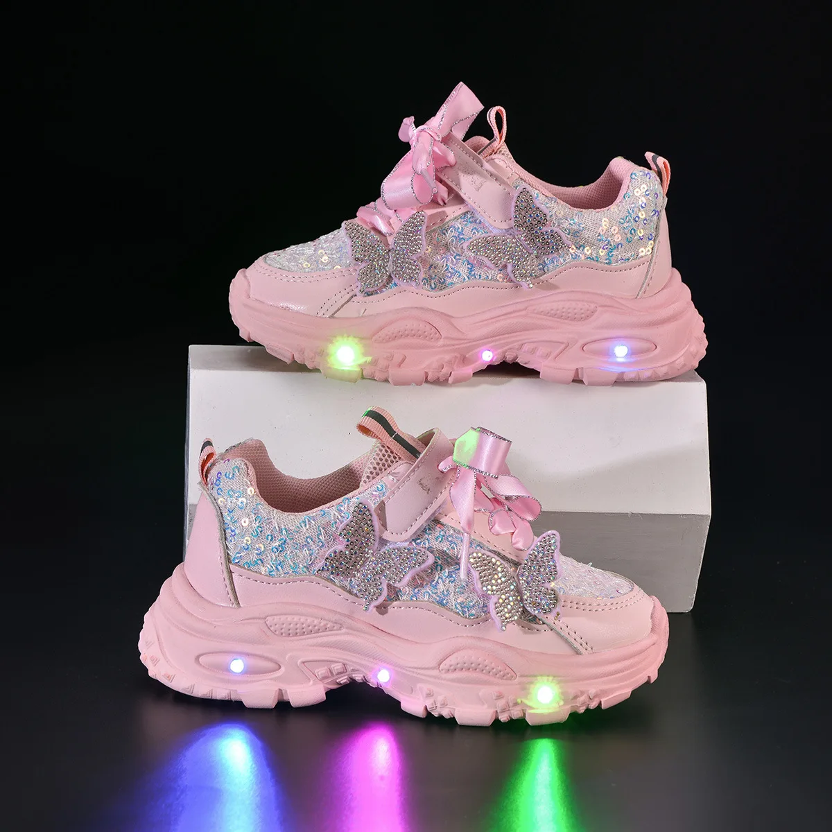 Kids'Casual Shoes Led Light Solid Color PU Leather Autumn Fashion Shoes For Children Breathable Anti-slip Purple Pink Size 21-30