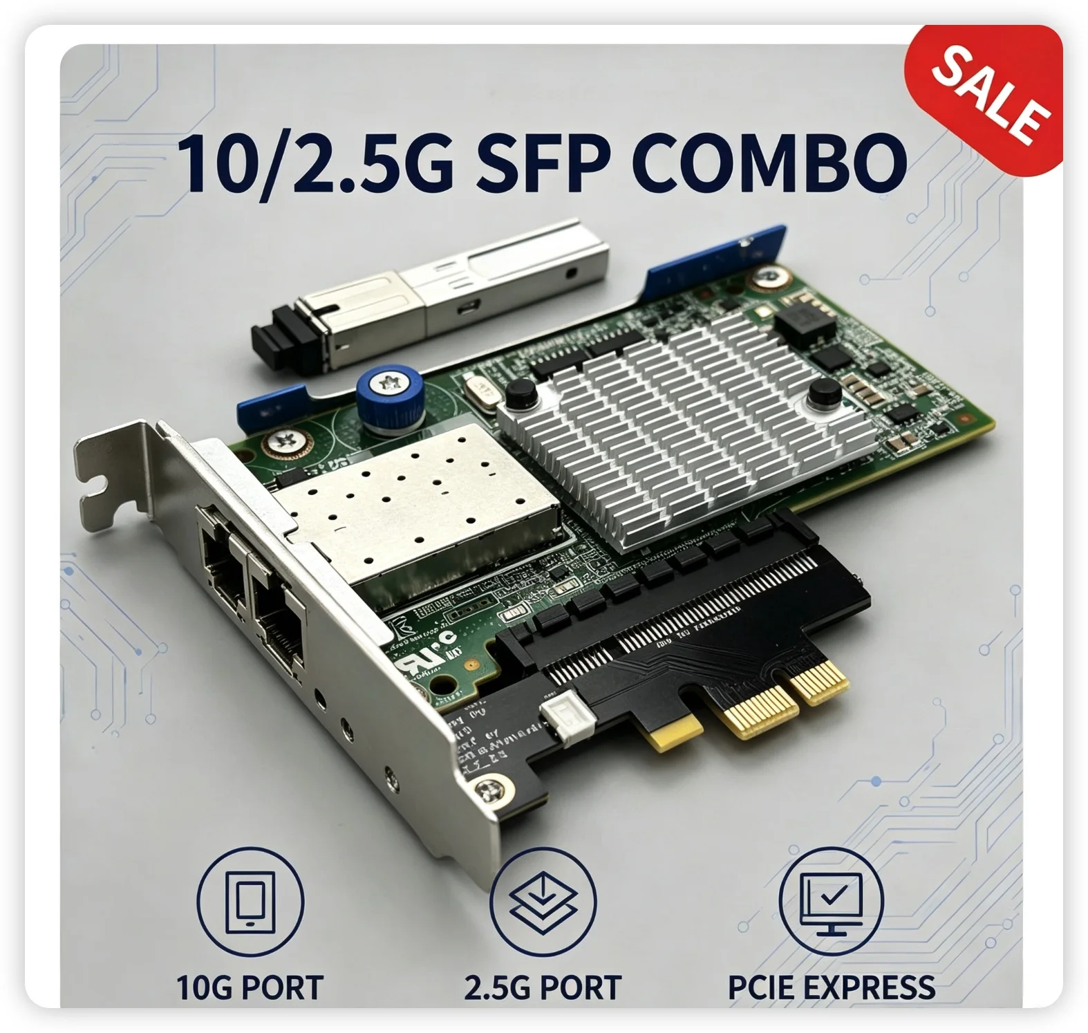 Dual SFP 2.5G/10G PCIe X1 Network Card, SFP Transceiver Module for Router NAS Server