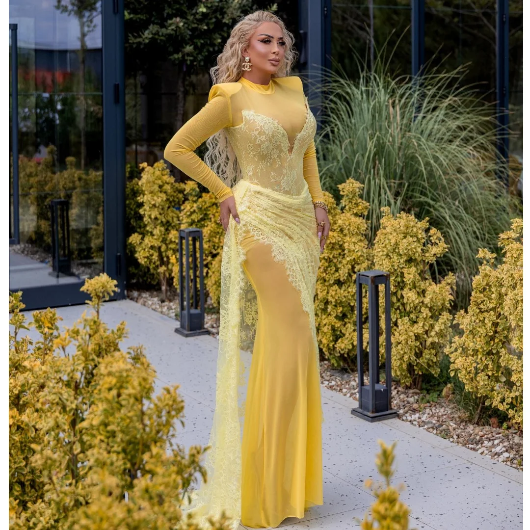 

Yellow Evening Dresses Long Sleeves vestidos de noche Illusion Lace Prom Dress Exquisite Wedding Party Gown Customized