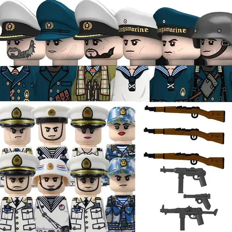 MOC Military Soldiers WW2 German Navy Figures Building Blocks Pilots U-Boat Commander Warrior Weapons Parts Bricks Toys Kids