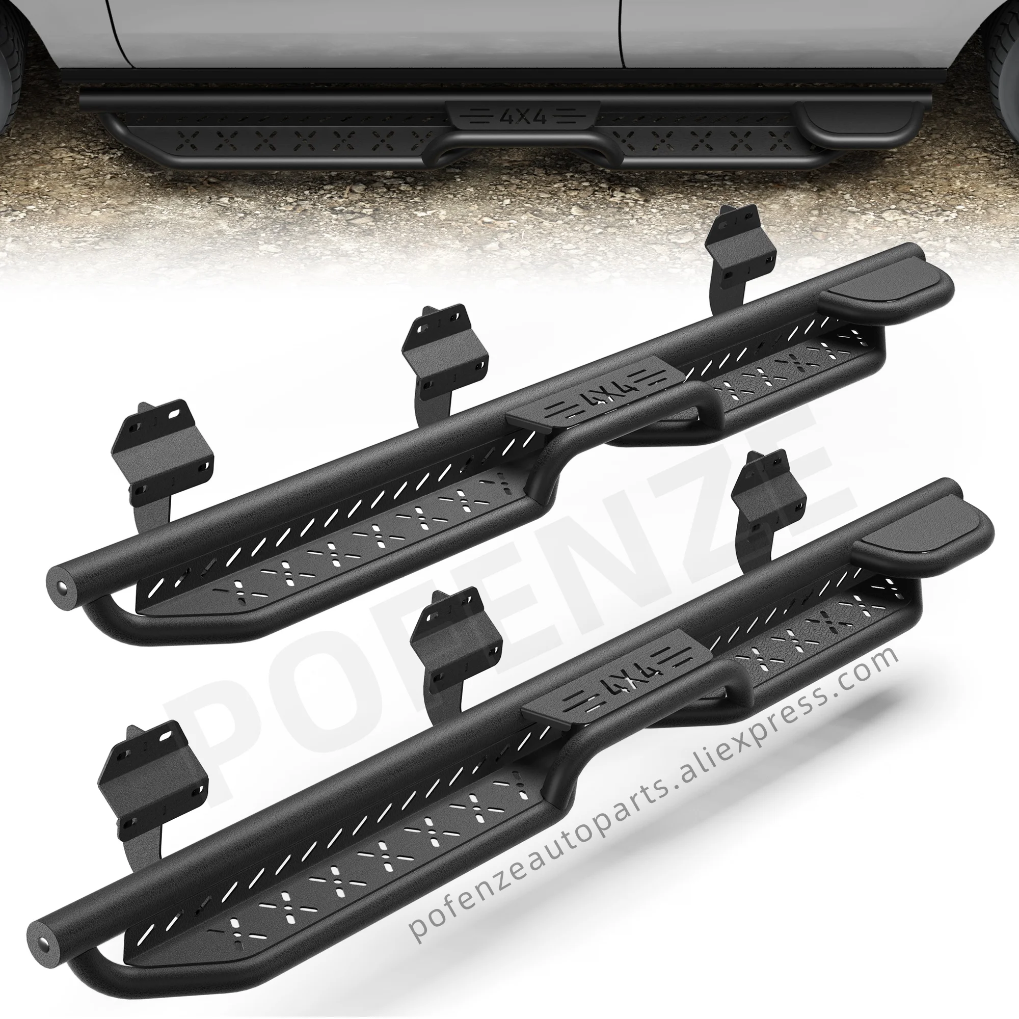 Two Raised Side Step Running Boards for 2018-2025 Ford Expedition - 2 Stairs Black Coated Carbon Steel Step Rails & Nerf Bars