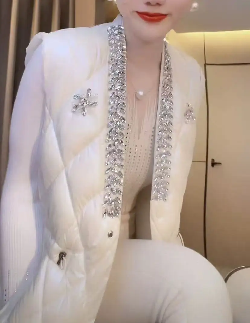 الفاخرة البريق الماس الخريف الشتاء المرأة سليم صالح سترة سترة القطن سترة مبطنة الإناث أكمام صدرية دافئة القمم