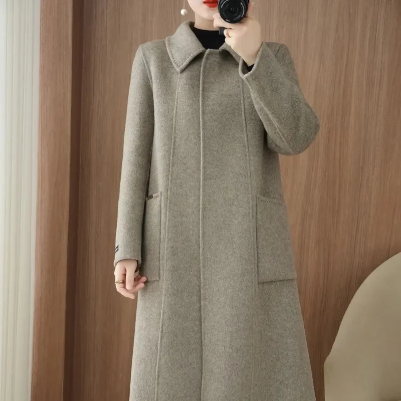 Bureau dame Double face manteau en laine femmes revers simple boutonnage poches Design manteaux 2025 printemps hiver nouveau