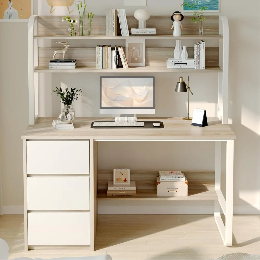 

Desk with Drawers, Computer Desk with Hutch for Bedroom, Study Writing Desk for Small Spaces, Bottom Shelves, Adjustable