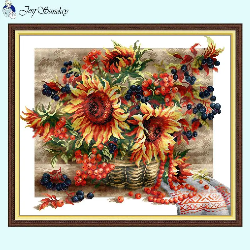 Sunflower Berry Basket Floral Pattern Cross Stitch Kits 14CT 16CT 11CT White Canvas Printed Fabric Needle Thread Embroidery Set