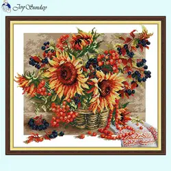 Sunflower Berry Basket Floral Pattern Cross Stitch Kits 14CT 16CT 11CT White Canvas Printed Fabric Needle Thread Embroidery Set