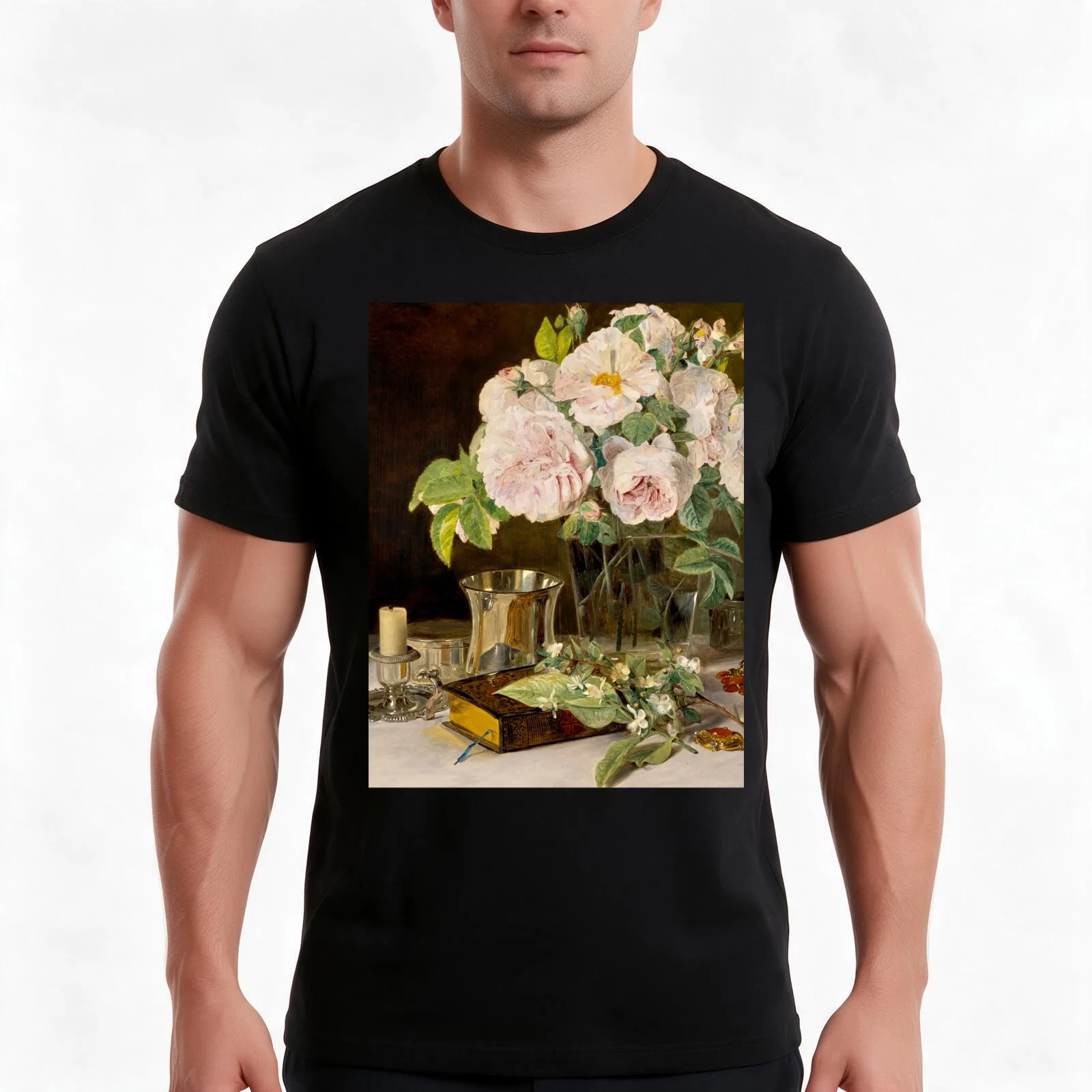 Still Life of Roses in a Glass Vase A Candlestick A Book and Silver Cup by Ferdinand Georg Waldmüller (retouched) T-Shirt