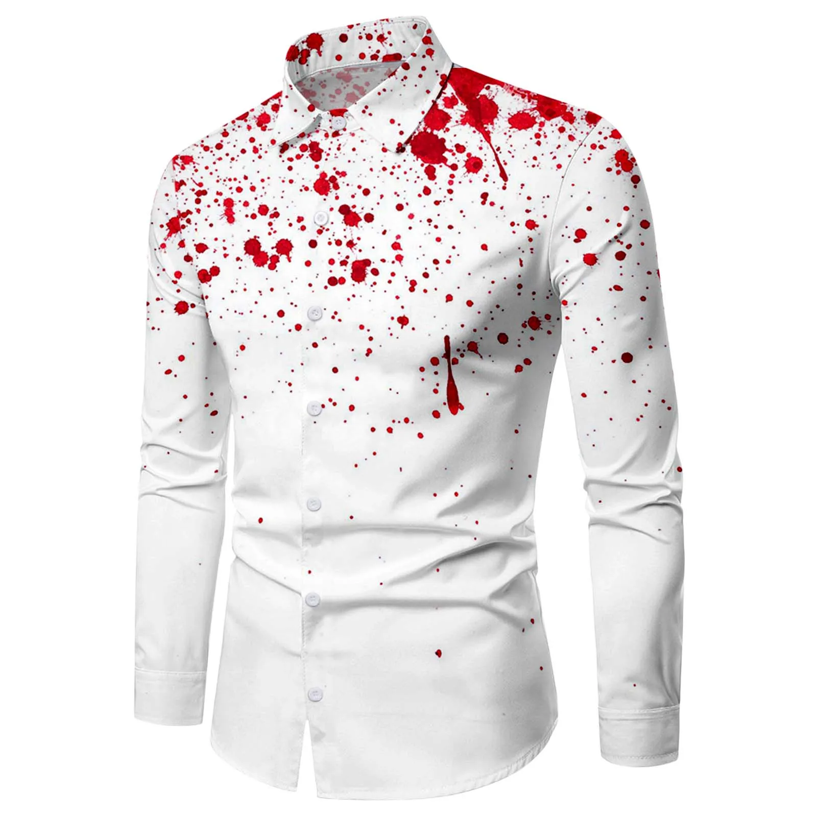 Mens Shirt Halloween Bloodstain Printed Overshirt Long Sleeve Turn Down Collar Shirts Costume Pearl Snap Party Undies Camisas