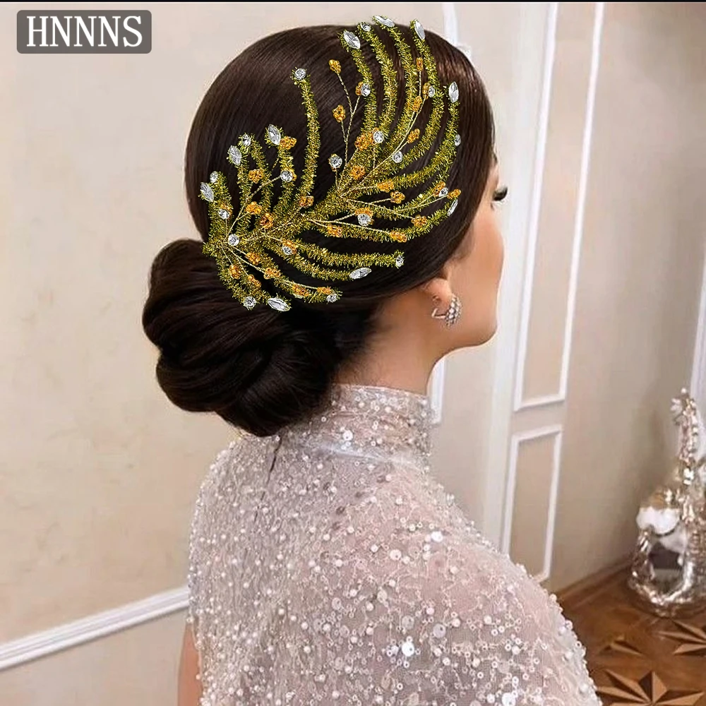 

HNNNS Luxury Handmade Headpiece Yellow Feather Design Headdress Crystal Rhinestone Headwear Princess Style Hair Accessories A376
