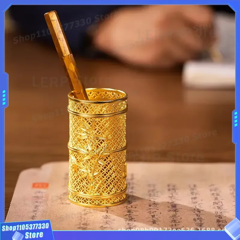 Luxury Brass Hollow Pen Holder Storage Tube for Makeup Brushes Desktop Organizer Elegant Metal Cylinder Container for Office