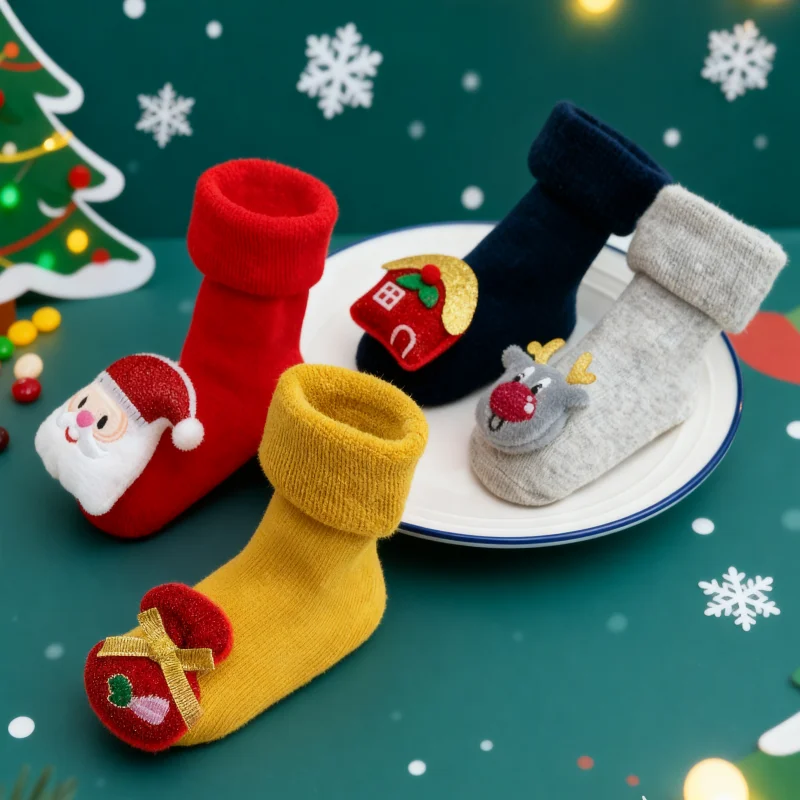 Newborn Baby Girls Boys Socks Non-slip Christmas Santa Claus Winter Thick Warm Infant Toddler Terry New Year Socks Anti Slip 2T