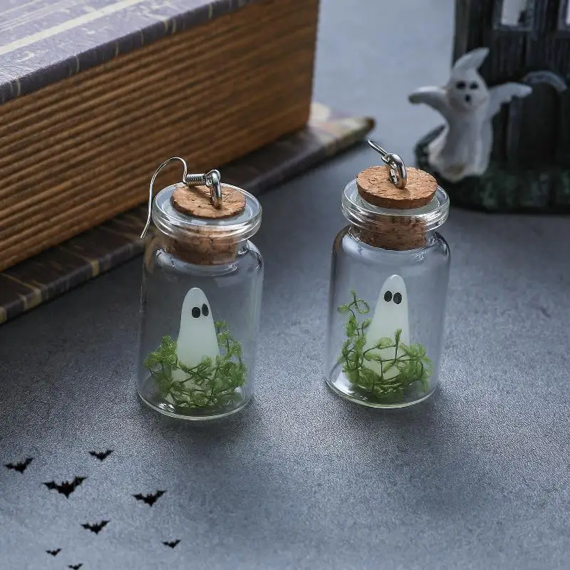 Luminous Ghost Necklace Halloween Tiny Glow Drifting Bottle Adopt Ghost Earrings Creative Design Green Specter Jewelry Gift
