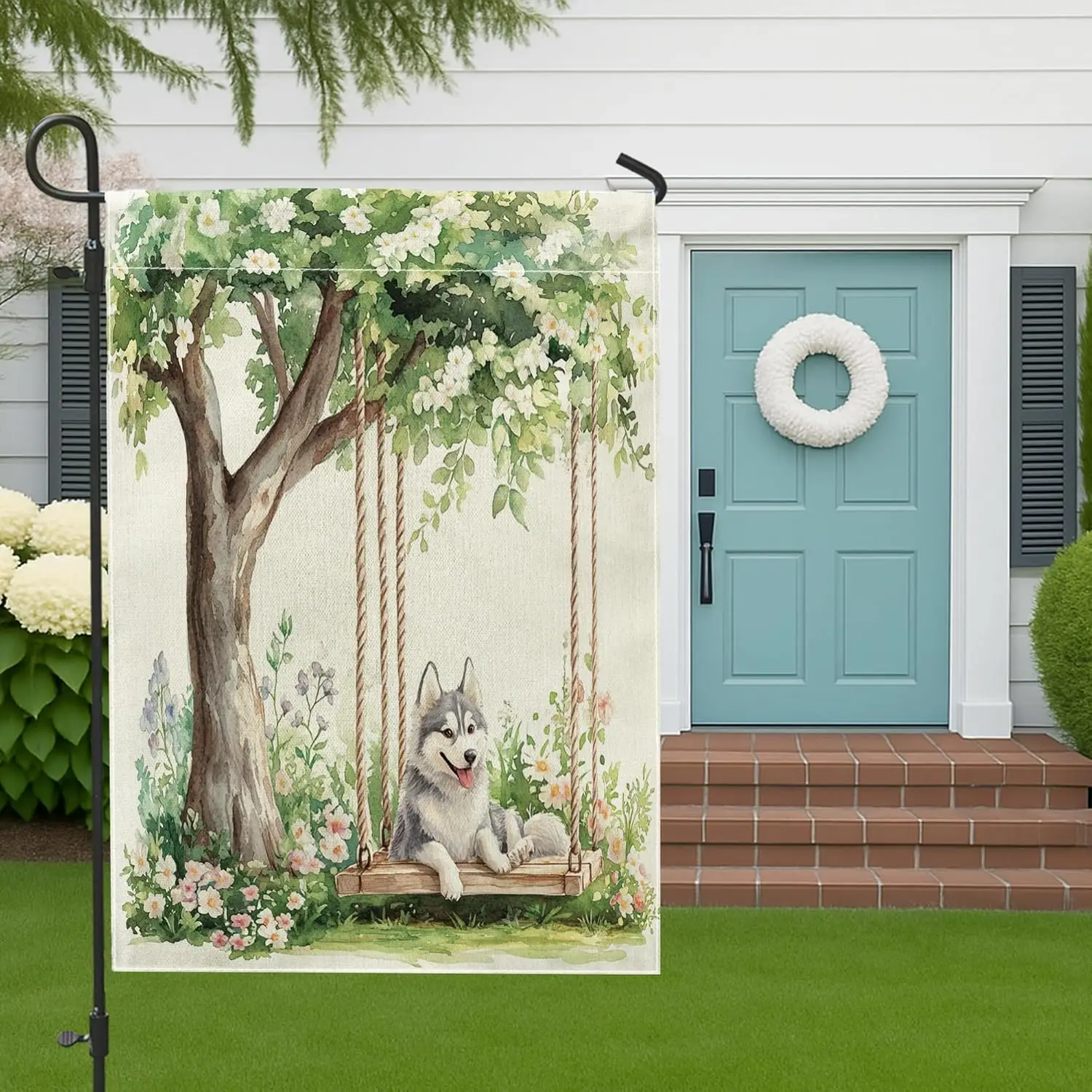 Spring Husky Dog Garden Flags 12x18 Inch for Outside, Cute Floral Tree Swing Pattern Standard Linen House Flags, Pet Front Y ZZM