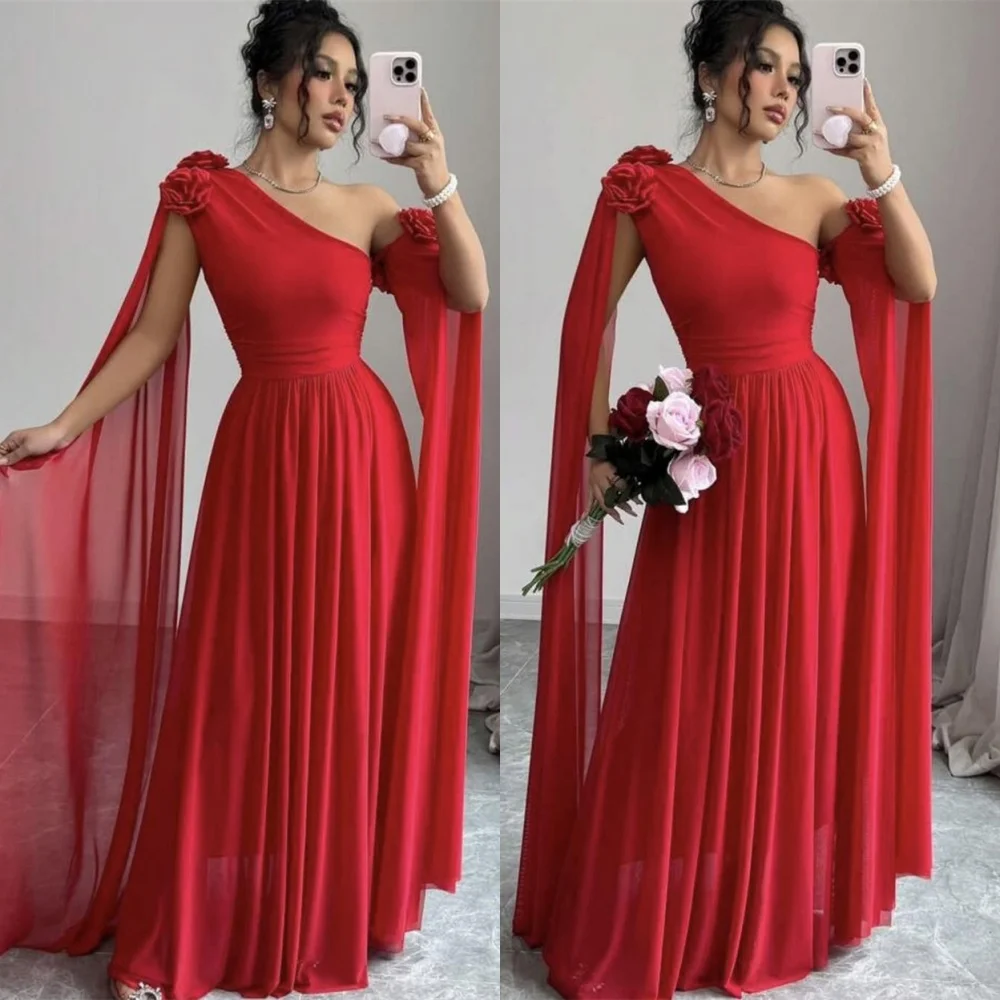 Robe de soirée en mousseline de soie rouge gracieuse personnalisée, asymétrique épaule dénudée, robes à fleurs, robe de bal délicate avec traîne à balayage, 2025
