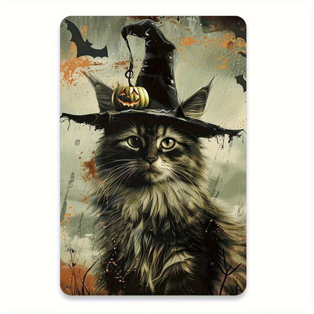 Letrero de metal de aluminio con diseño de gato negro de Halloween, arte de pared caprichoso y misterioso con sombrero de bruja y diseño de calabaza, Fantas