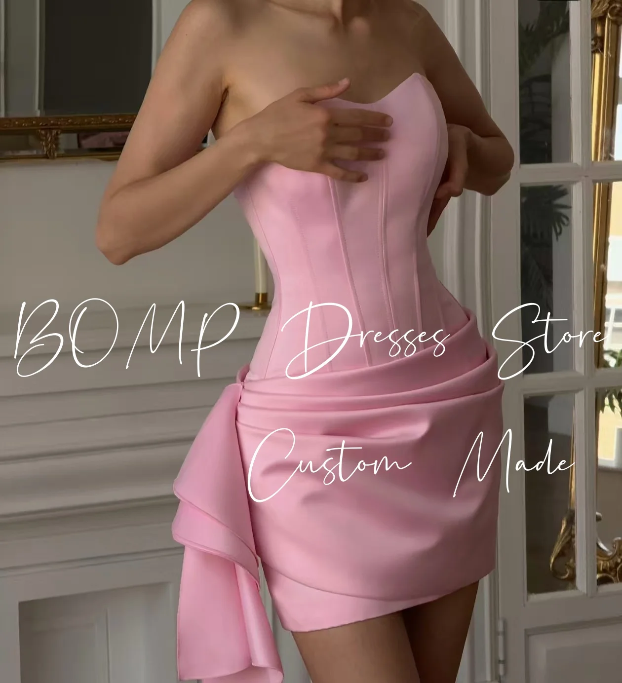 BOMP Elegante abito corto da cerimonia nuziale rosa con corsetto senza spalline drappeggiato tubino in raso per occasioni speciali abiti da ballo personalizzati semplici