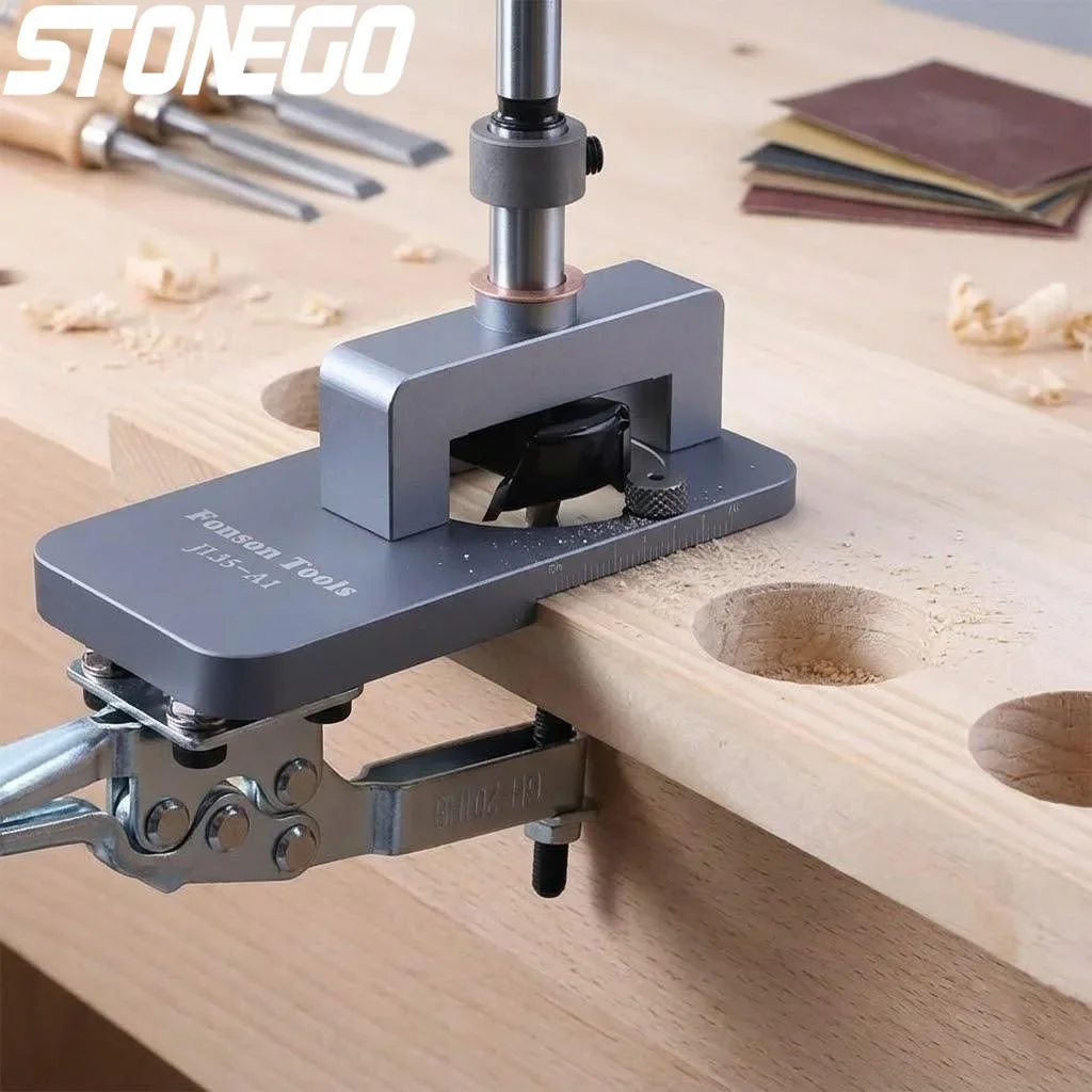 

STONEGO 35mm Hinge Hole Opener Jig Cabinet Door Installation Locator Tool High Precision Tungsten Steel Boring Drill Bit with Adjustable Depth Limit Woodworking Concealed Hinge Slotting Guide Fixture for Home Furniture DIY Projects