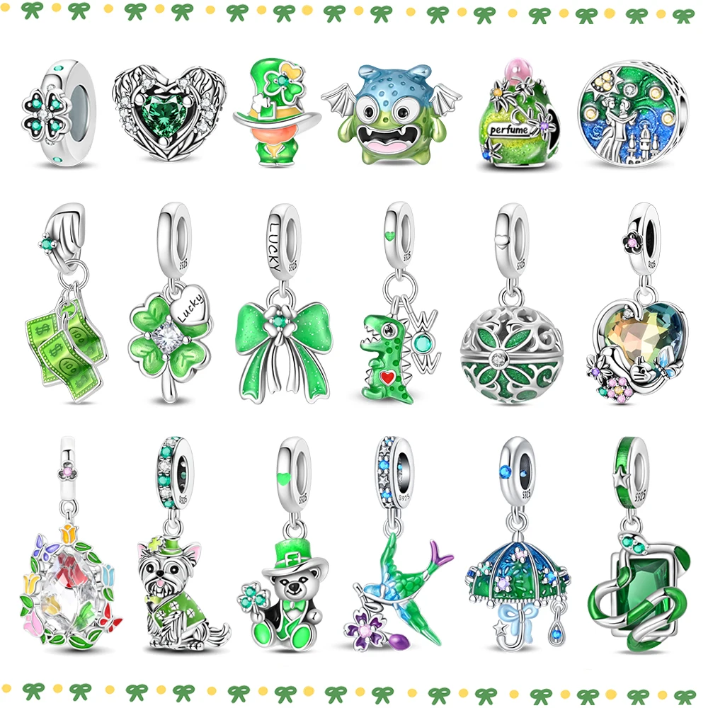 Serie Verde Plata de Ley 925 Dije de Dinosaurio, Lazo, Cachorro, Golondrina, Paraguas y Trébol de Cuatro Hojas para Pulsera y Collar DIY, Regalo para Fiestas