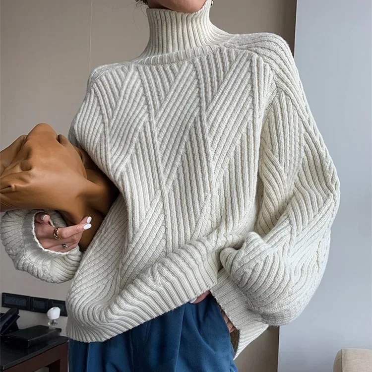 Swetry Pullovers Women Autumn Turtleneck Full Sleeve Casual Loose Y2k Tops Maxi Jumpers Knitted Spliced Thick Warm Winter