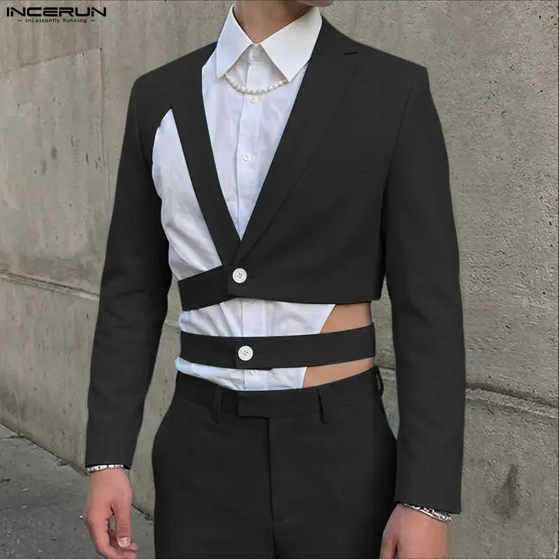 

INCERUN Men Irregular Blazer Solid Color Lapel Long Sleeve Male Suit Streetwear Hollow Out 2026 Fashion Casual Crop Blazer Men