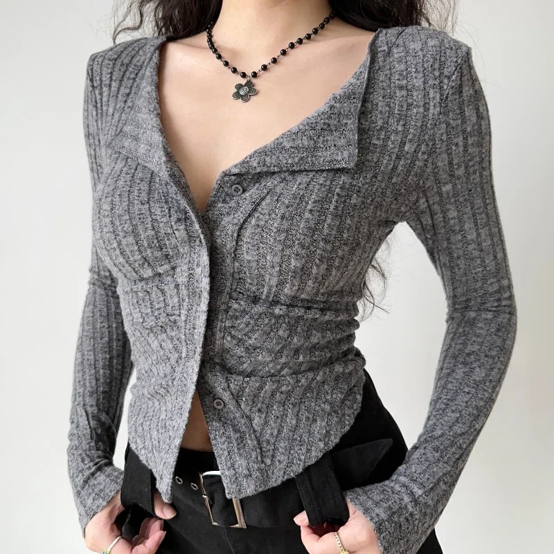 Women's Long-Sleeved Knitted Cardigan Slimming Top European and American Style Stripe  Thread Stretch Casual Short All-Matching