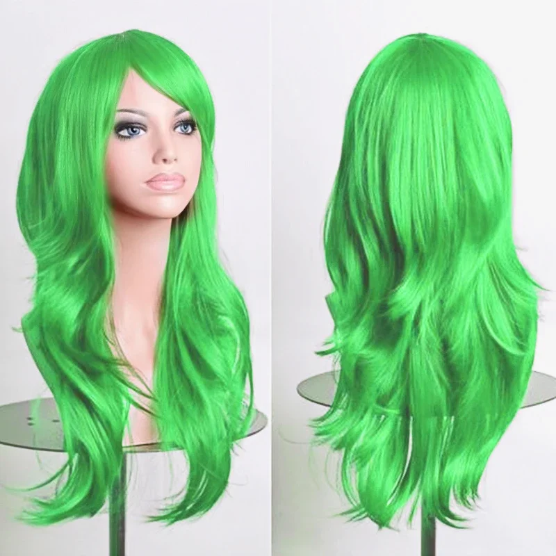 70cm Long Synthetic Wigs Pink Purple Black Wig Wavy Halloween Costume Hair Fake Hairpieces Lolita Blue Wig