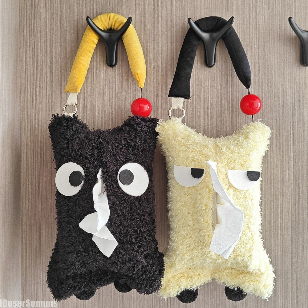 

Funny Eyes Fluffy Tissue Box with Handle Hanging Napkin Holder Portable Paper Storage Bag Desktop Decoration for Bedroom Car