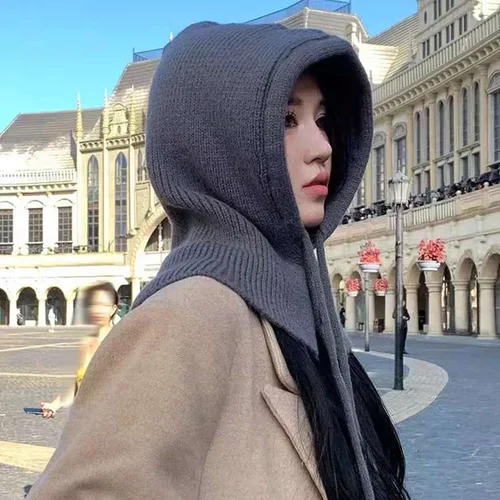 바라클라바 여성용 따뜻한 겨울 커플 넥밴드, 원피스 귀 보호 양모 니트 모자, 가짜 칼라 숄, 후드 두꺼운 비닌 