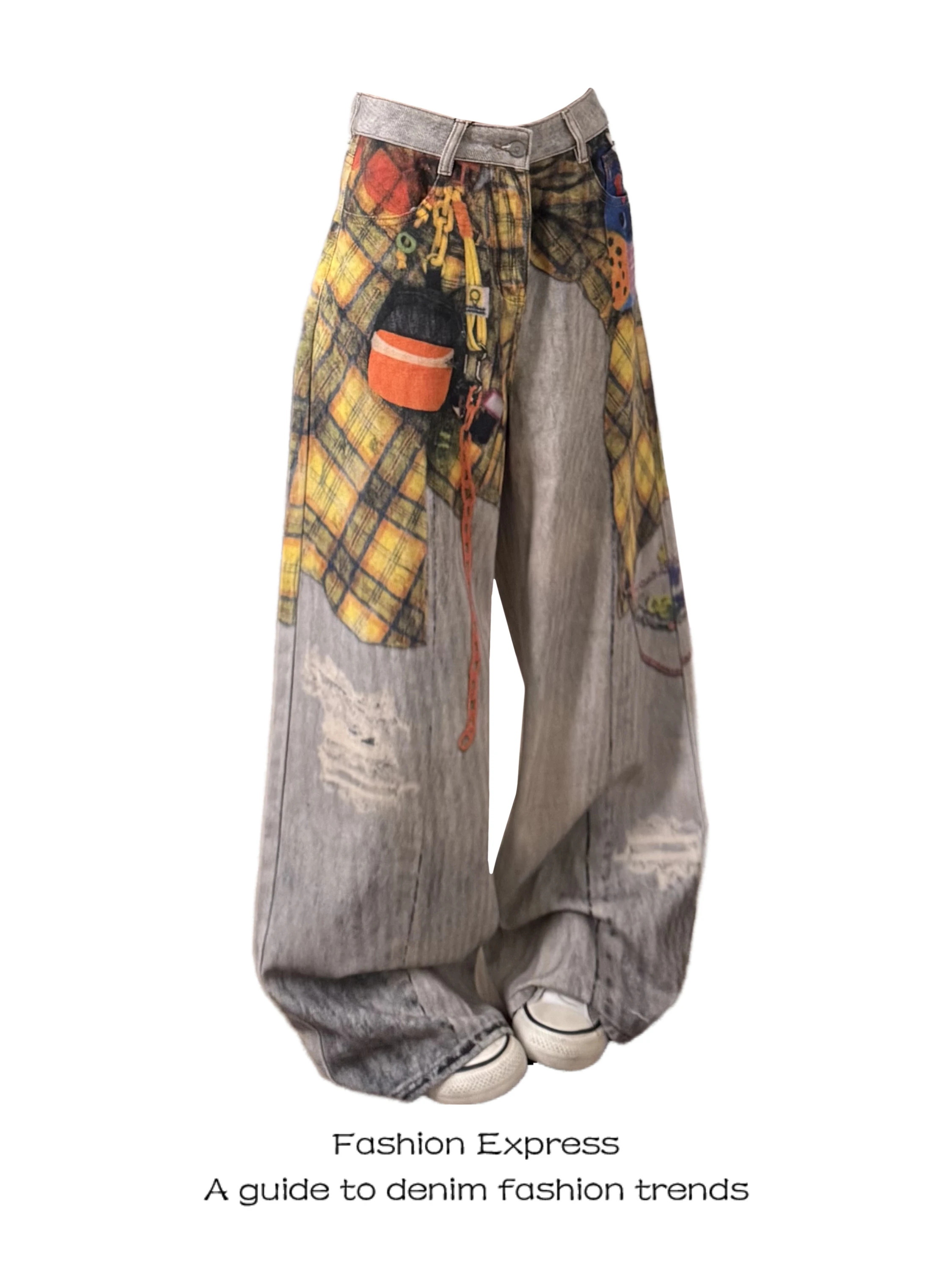 

High Waist Printed Denim Pants Women's 2026 New Yellow Plaid Shirt Fashionable Cool Streetwear Long Pants Wide Leg Commute St...