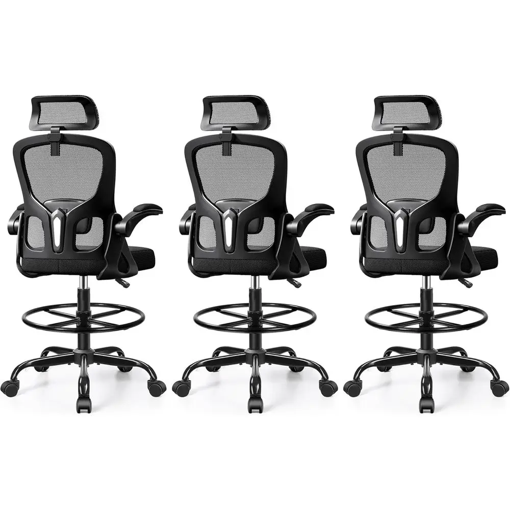 Ergonomic High-Back Office Chair with Lumbar Support, Foot Ring, and Adjustable Armrests, Black, Set of 3