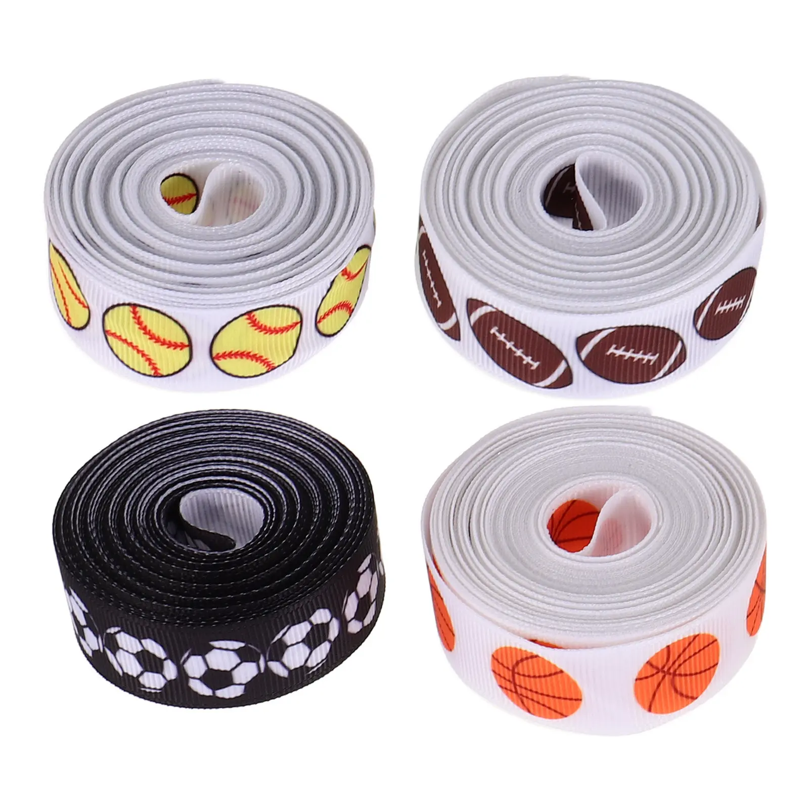4 Rolls Sports-Themed Ribbon 0.8 Inch Yards Polyester Football Basketball Rugby Baseball Decorative Ribbon for Tournament