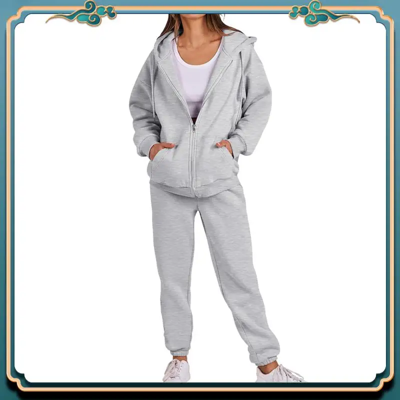 

ABMV-Women Zip Up Hoodies Long Sleeve Solid Color Fall Casual Fashion Jackets With Trousers Set