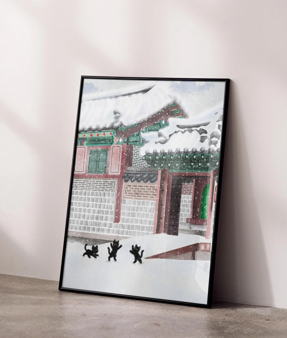 Snowy Hanok Cats Illustration | Korean Winter Poster | Traditional House Wall Art | Cozy Home Decor | Cat Art Print