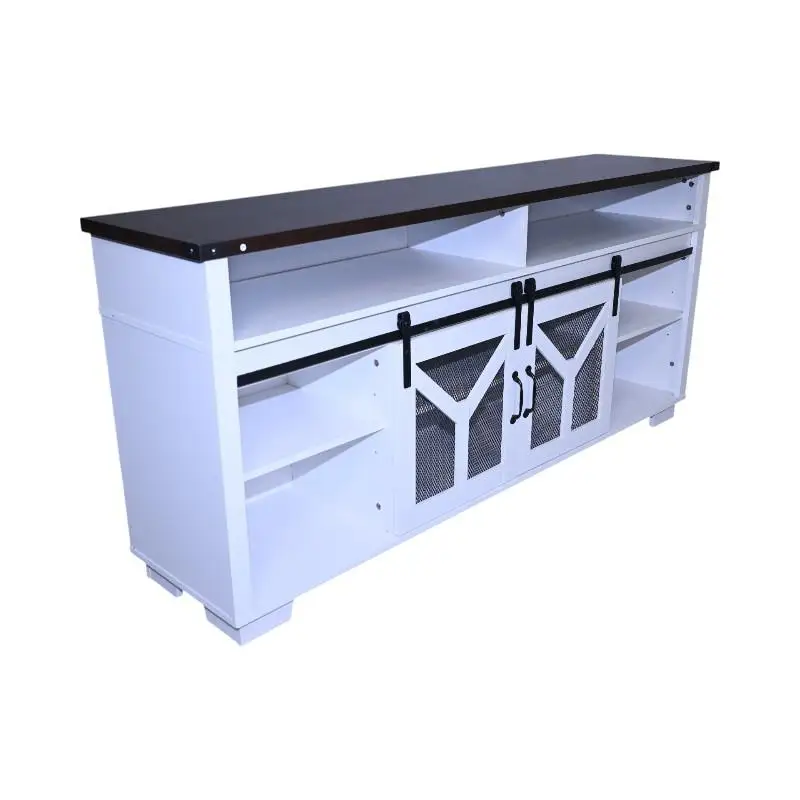 حامل تلفزيون مقاس 65.3 بوصة مع شرائط إضاءة LED وباب الحظيرة الشبكي الحديدي، سطح مزخرف بلون الجوز الأبيض والأسود، نمط المزرعة #4