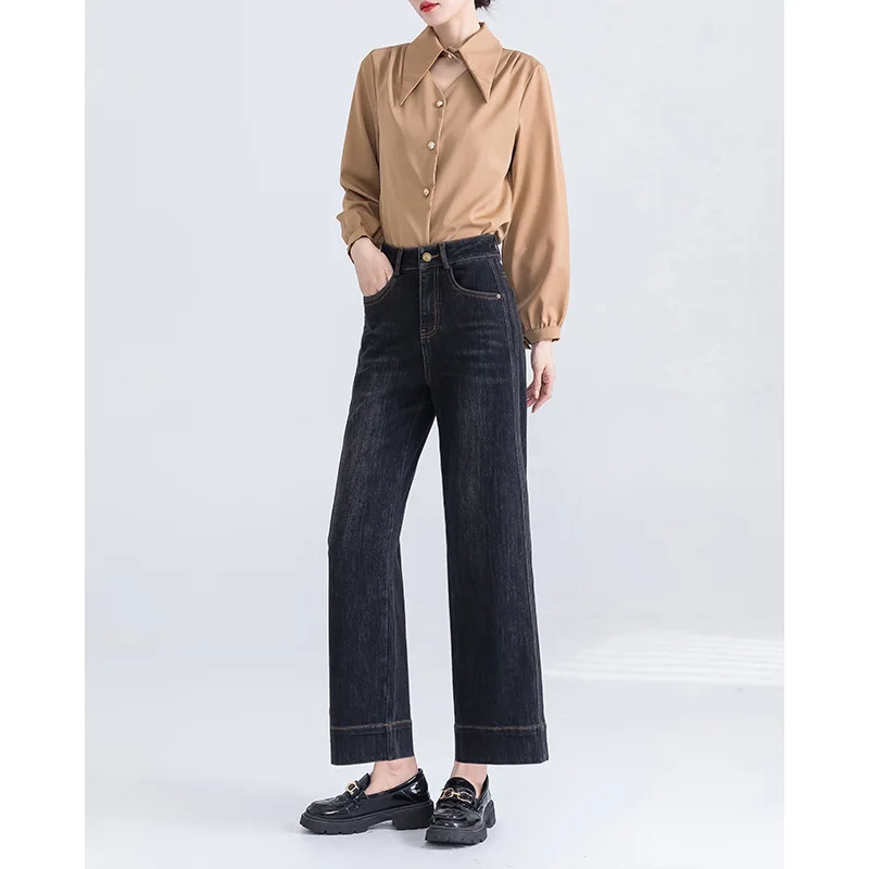 

Spring and Autumn New Simple High-waisted Loose Straight Leg Jeans for Women Fashion Commuter Nine-point Denim Wide-leg Pants
