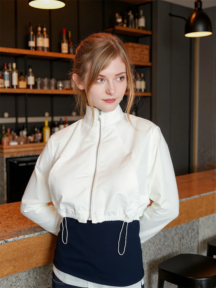 

Cropped Pleated Zipper Jackets Double Sided Demi-Season Jacket For Women Fall Relaxed Bombers Running Petite Youthful Hippie Y2K