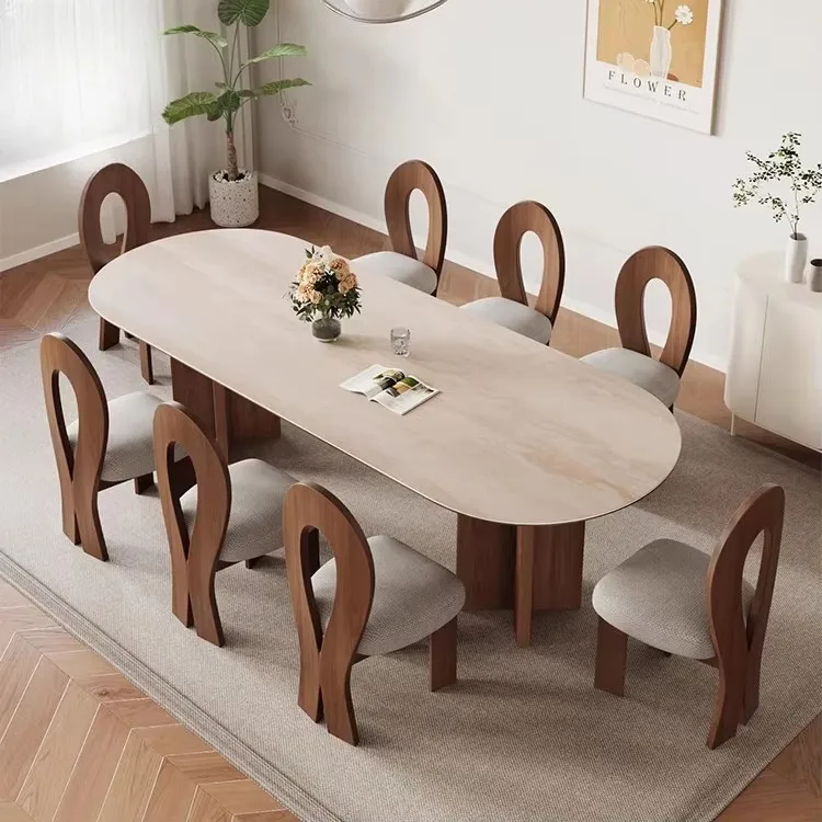 Modern Deluxe Oval Dining Table Wood Frame Slate Top Walnut Dining Table Hotel Villa Dining Table and 6 Chairs Furniture Set