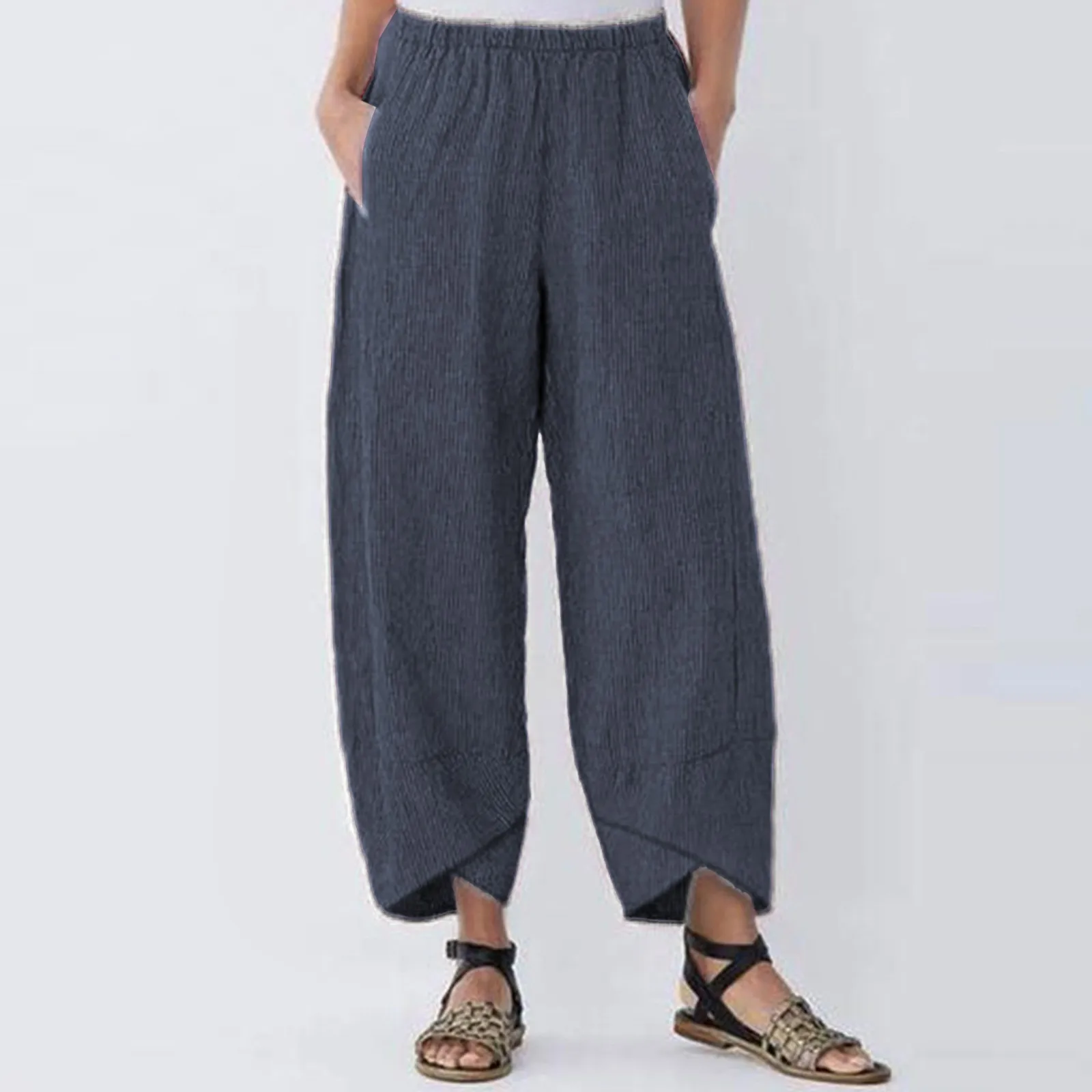 New Cotton Linen Harem Pants Women's Elastic Waist Loose Comfort Casual Pants Vintage Solid Straight Trousers Summer Streetwear