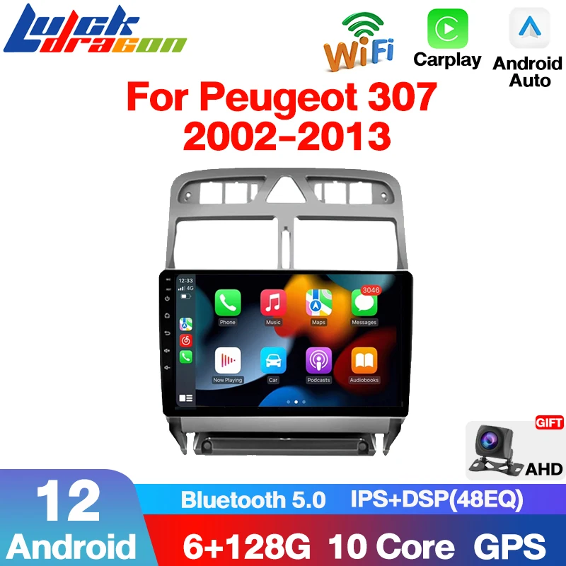 2 Din Carplay Android 12 4G WiFi Para Peugeot 307 2002-2013 Car Radio Auto Multimedia Video Player Navegação GPS 6GB + 128GB DVD