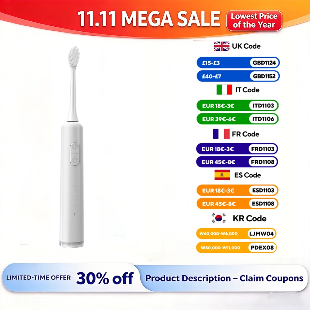 SUBORT S6 Wave Electric Toothbrush Oscillation & Vibration Sonic Electric Toothbrush for Adults USB-C Rechargeable Smart 5 Modes