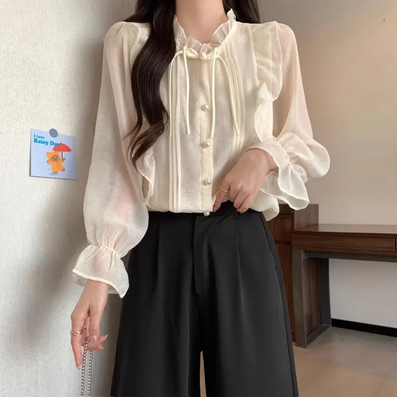 2024 New Summer Chinese Style High Waist Sweet Loose Women's Shirt Polyester Ruffled Flare Sleeve Solid Folds Button Chic Tops