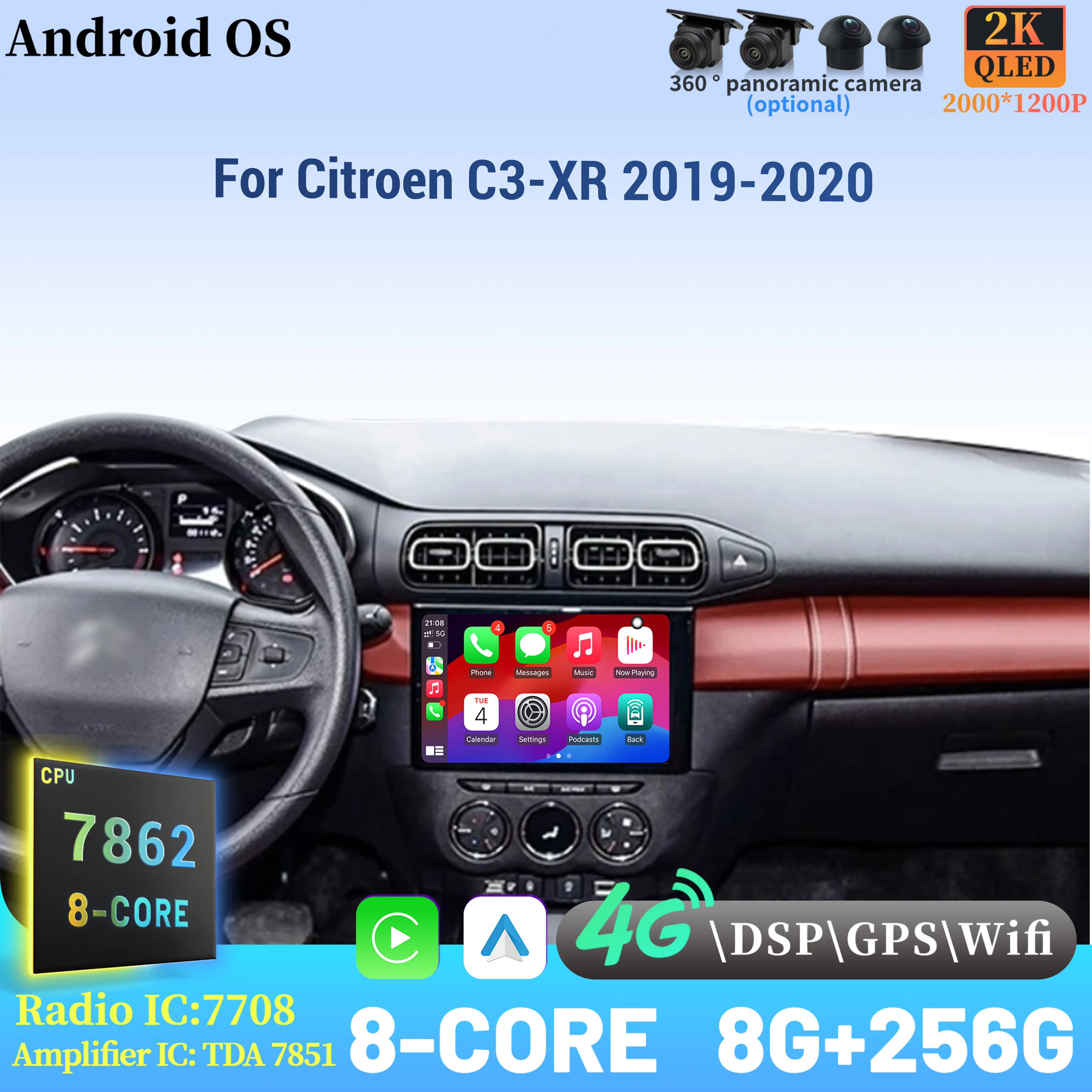 

For Citroen C3-XR 2019-2020 Wireless CarPlay Android 14 Radio Car Multimedia Player Touch 2K Screen