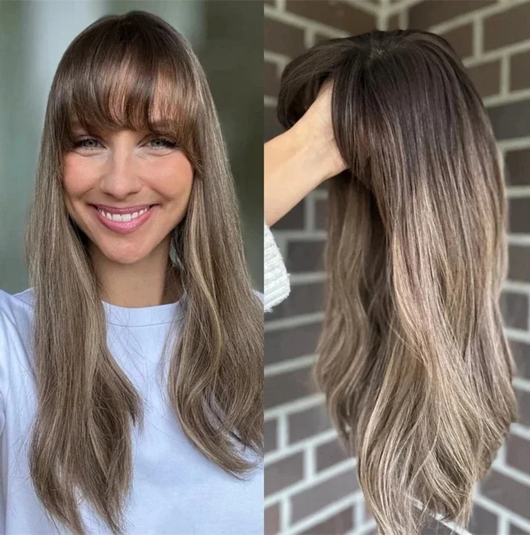 

Светло-каштаново-коричневый парик Ombre Длинные натуральные волнистые синтетические парики спереди для женщин 13*4 Прозрачный парик с кружевным верхом и челкой