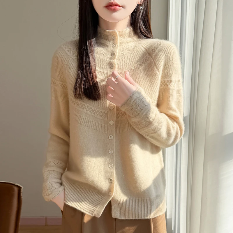 

2026 M.Chic 100% Merino Wool Women's Spring Autumn Knitted Sweater Mock Neck Button Casual Cardigan Soft New Fashion Warm Tops